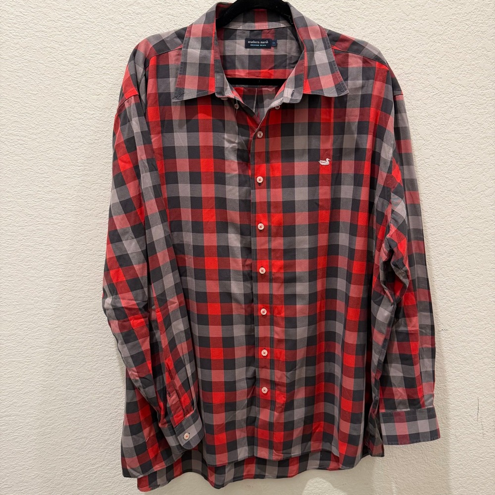 Southern Marsh Mens 2X Red Grey Plaid Long Sleeve Button Down Cotton Shirt
